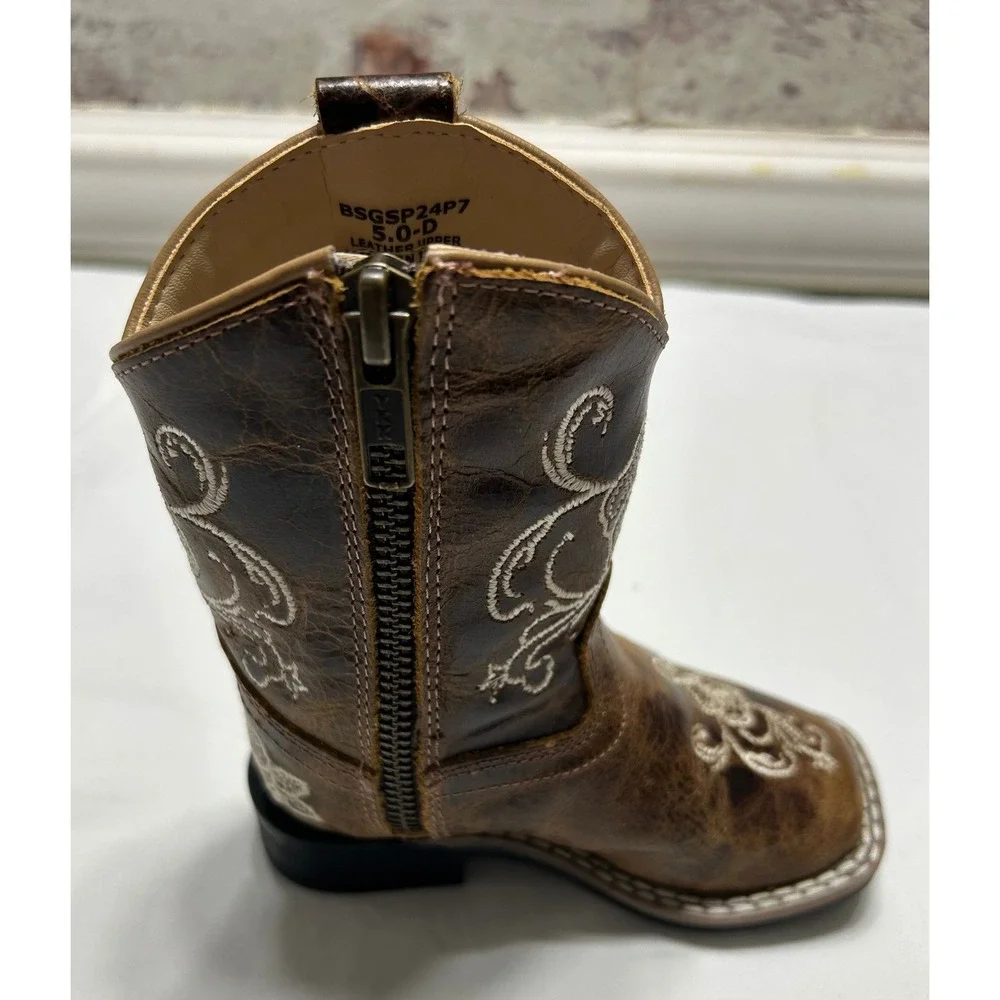 Girls Brown Leather Floral Embroidered Western Cowboy Boots BSGSP24P7 Size 5.0 D